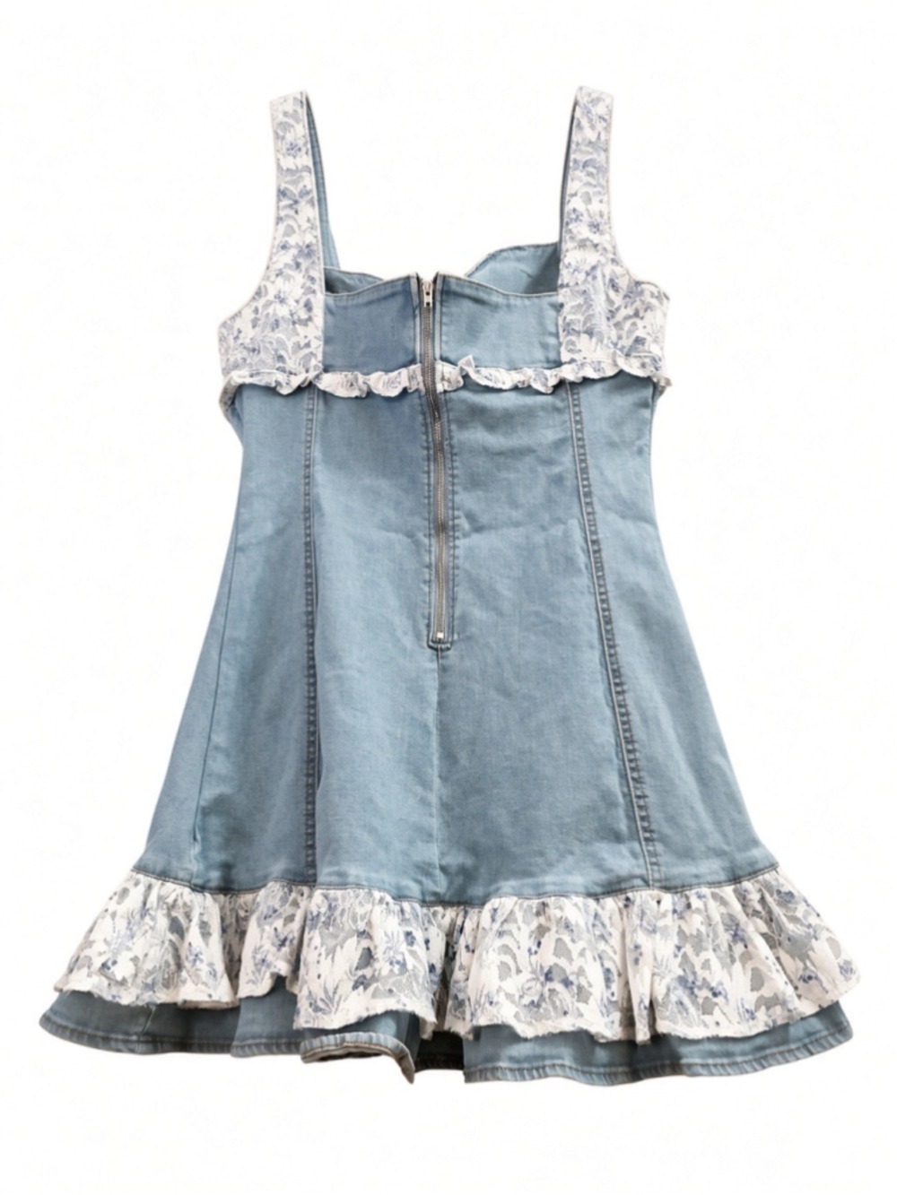 The Vintage Shop Blue Stretch Denim Lace Trim Ruffle Mini Dress Sweetheart L - Picture 11 of 14
